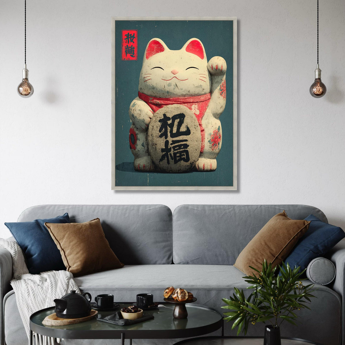 Lucky Cat Canvas Art, Japanese Maneki Neko Painting, Asian Decor