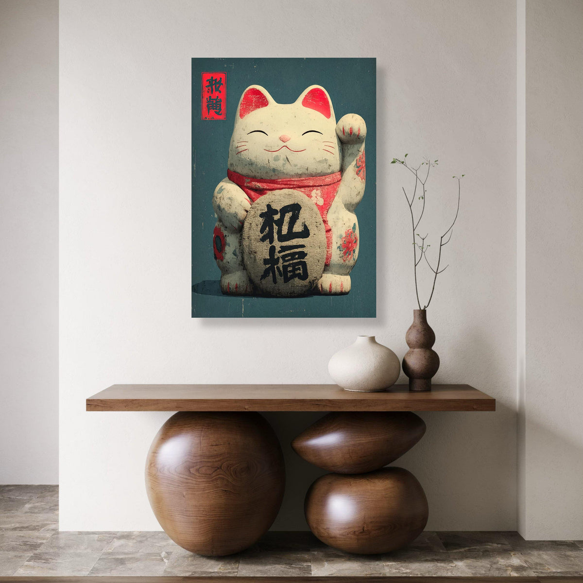 Lucky Cat Canvas Art, Japanese Maneki Neko Painting, Asian Decor