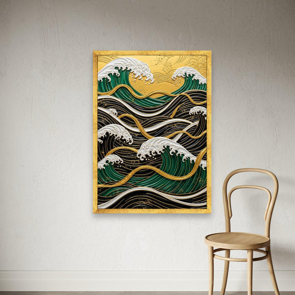 Gold Accent Ocean Waves Canvas, Modern Coastal Wall Art