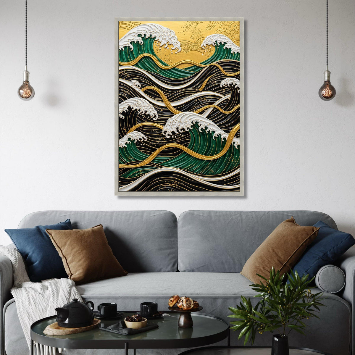 Gold Accent Ocean Waves Canvas, Modern Coastal Wall Art
