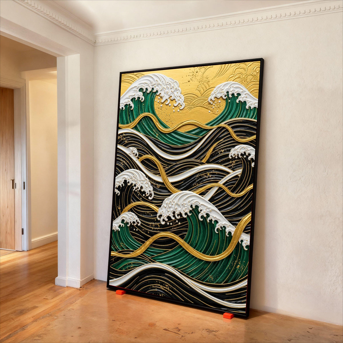 Gold Accent Ocean Waves Canvas, Modern Coastal Wall Art