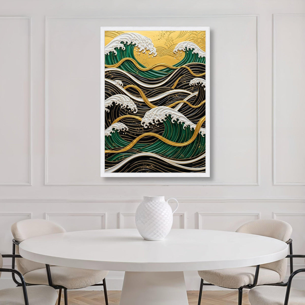 Gold Accent Ocean Waves Canvas, Modern Coastal Wall Art