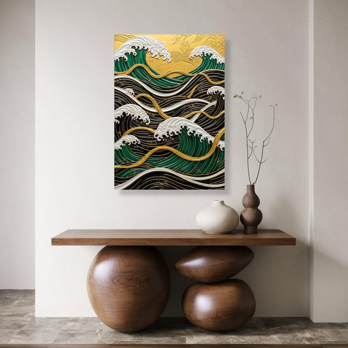 Gold Accent Ocean Waves Canvas, Modern Coastal Wall Art