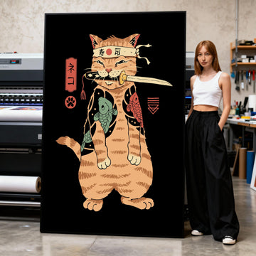 Samurai Cat Canvas, Japanese Tattoo Art, Warrior Feline Print