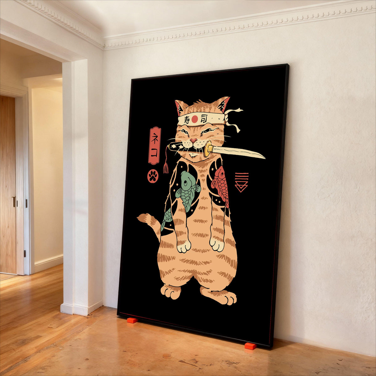 Samurai Cat Canvas, Japanese Tattoo Art, Warrior Feline Print
