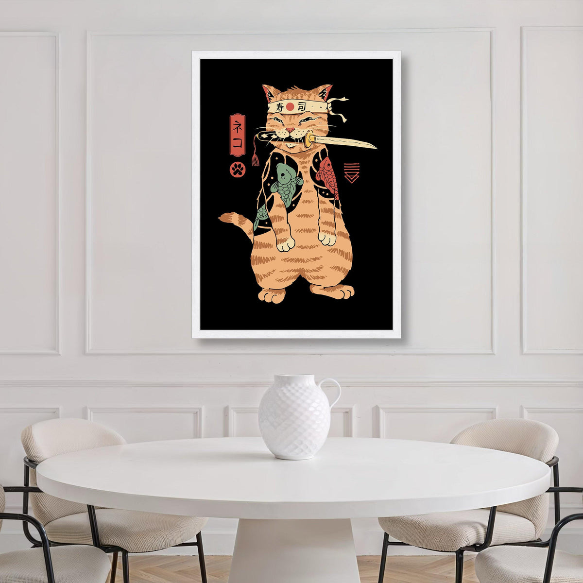 Samurai Cat Canvas, Japanese Tattoo Art, Warrior Feline Print