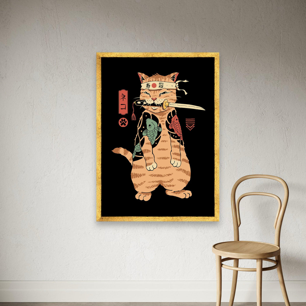 Samurai Cat Canvas, Japanese Tattoo Art, Warrior Feline Print