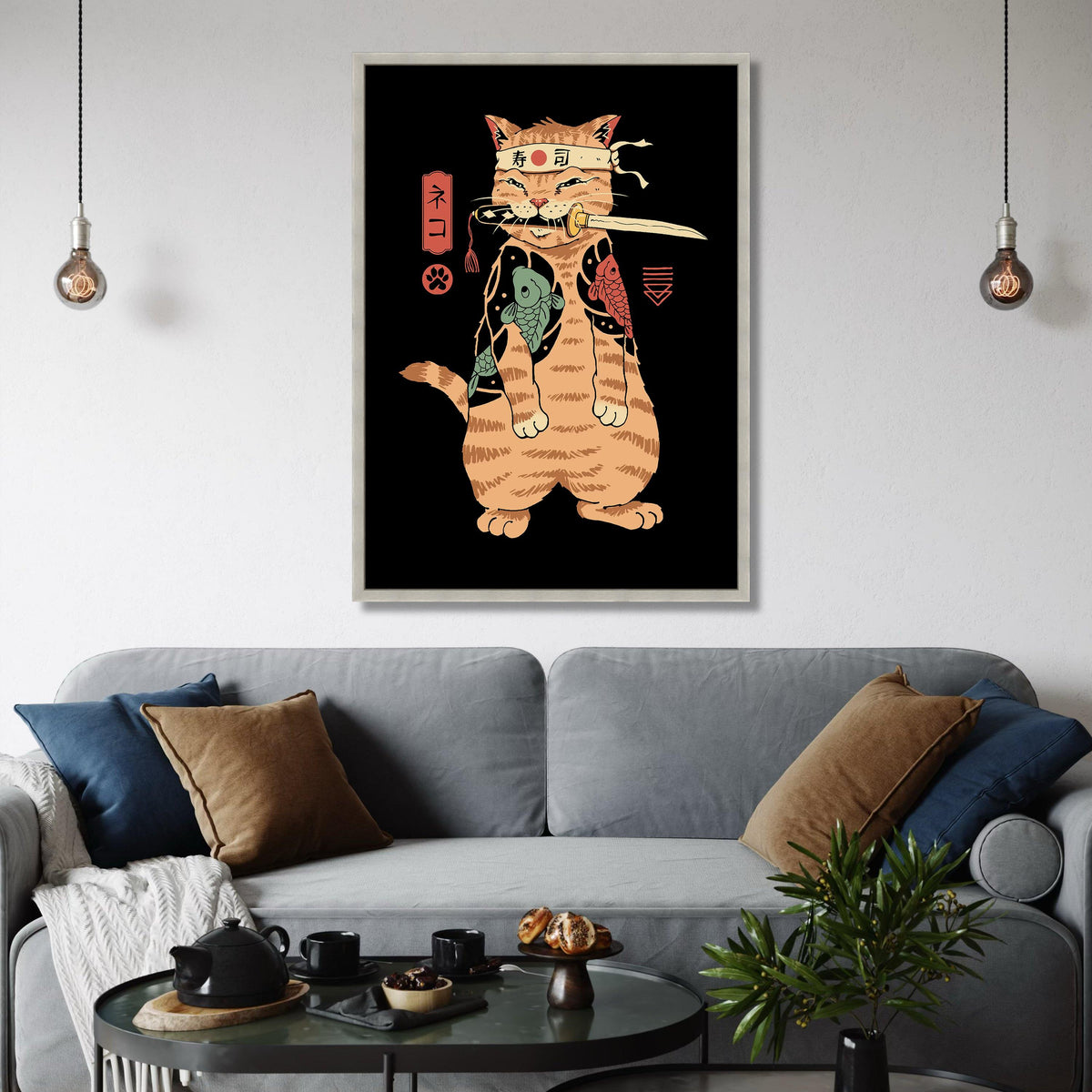 Samurai Cat Canvas, Japanese Tattoo Art, Warrior Feline Print