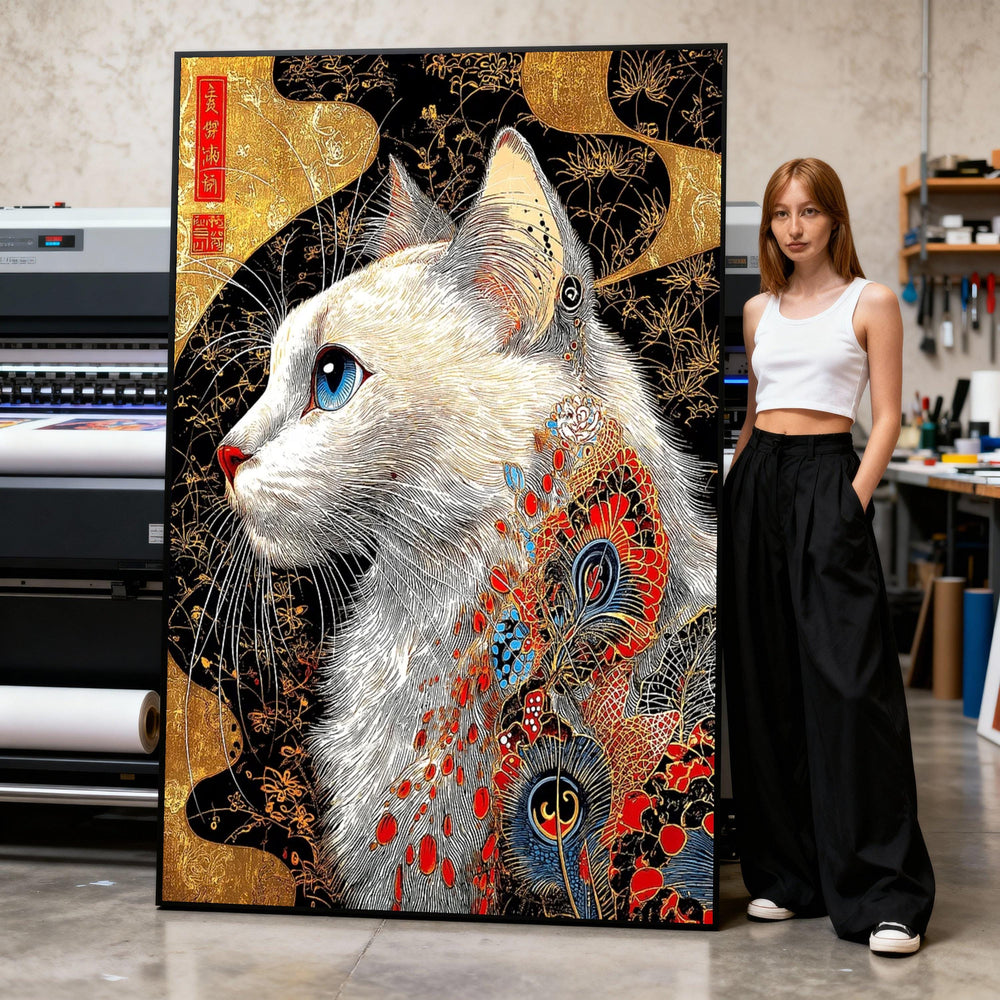 Japanese Style Cat Canvas, Blue Eye Portrait, Floral Pattern Wall Art