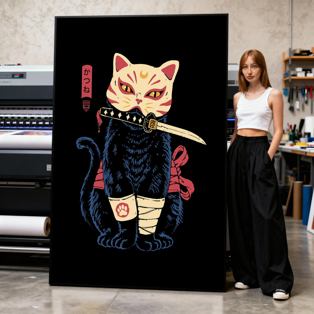 Samurai Cat Canvas, Japanese Katana Art, Anime Home Decor