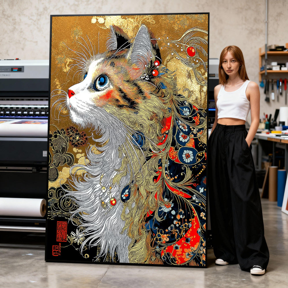 Japanese Style Cat Portrait, Ornate Feline Art, Home Decor Canvas