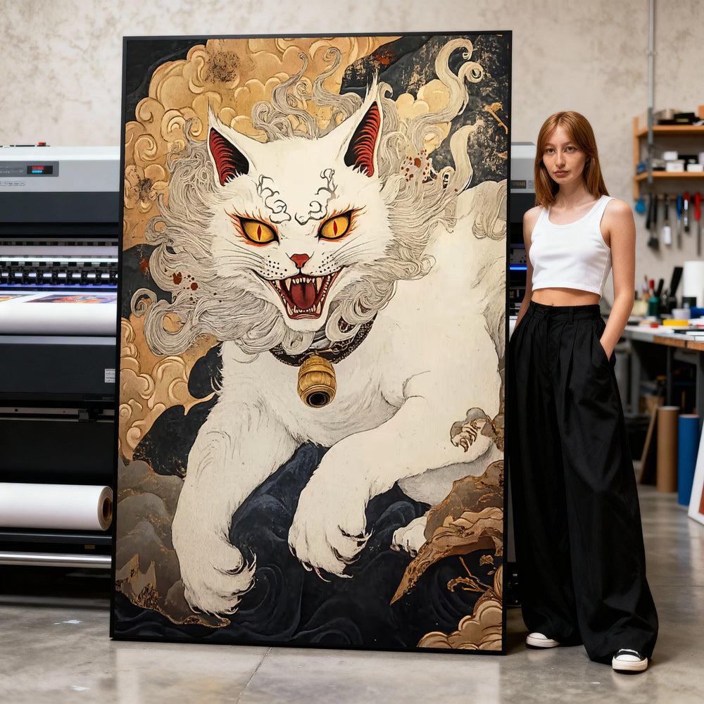 Fierce White Cat Canvas Print, Japanese Style Animal Wall Art