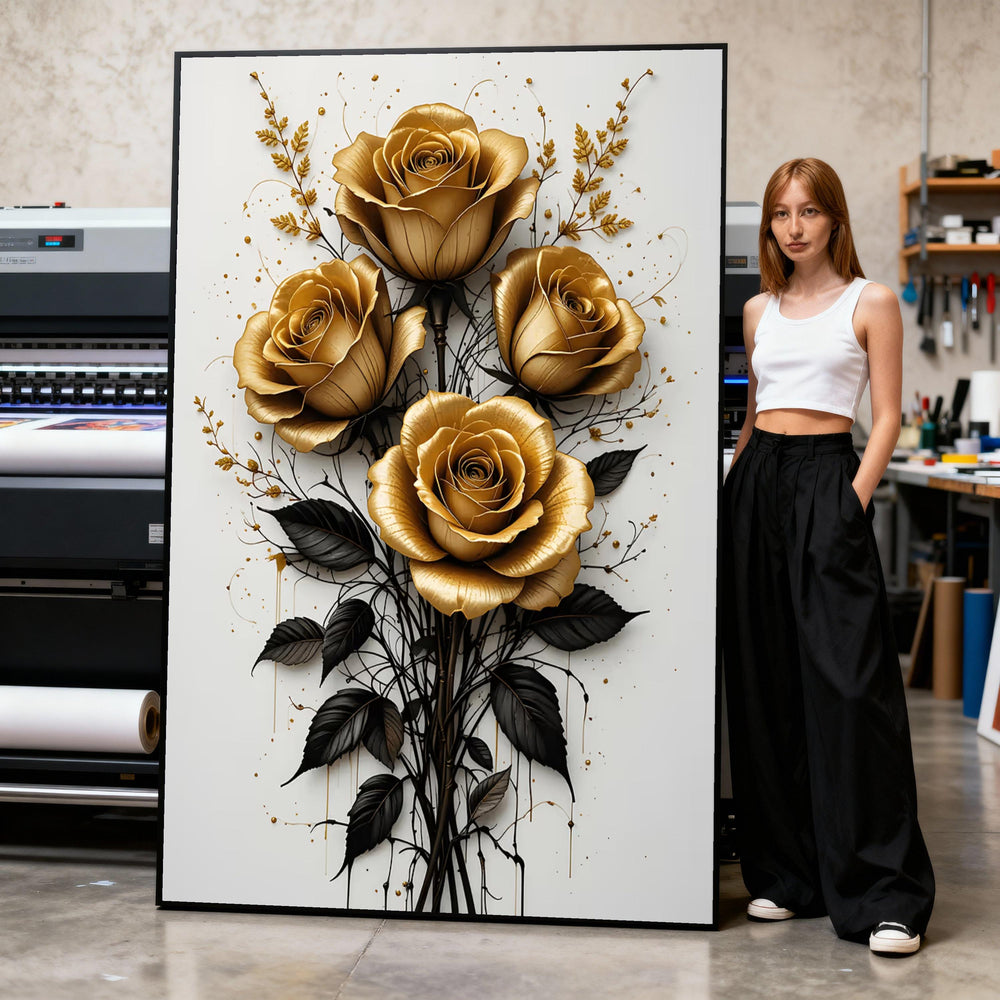 Golden Roses Canvas Art, Metallic Flower Painting, Elegant Floral Print