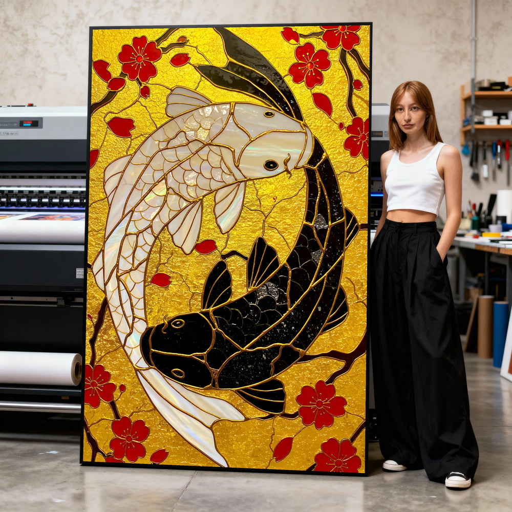 Yin Yang Koi Fish Canvas Art, Cherry Blossoms, Asian Home Decor
