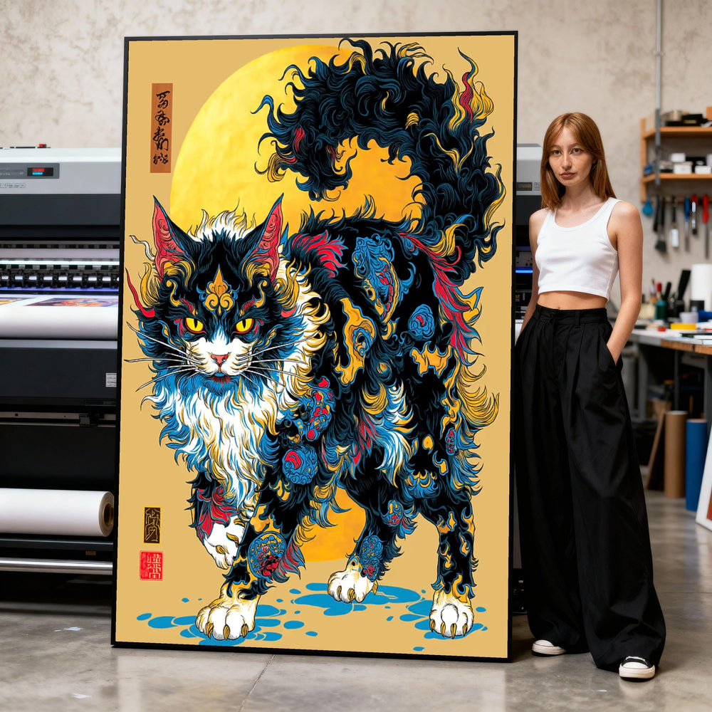Mystical Cat Canvas Print, Asian Feline Wall Art, Vibrant Home Decor