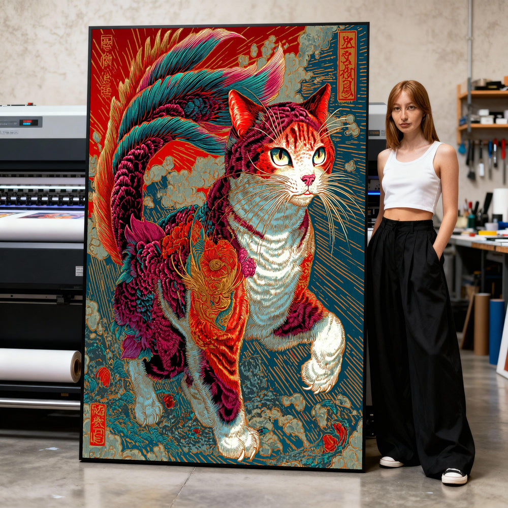 Japanese Tattoo Cat Canvas, Mythical Oriental Wall Art