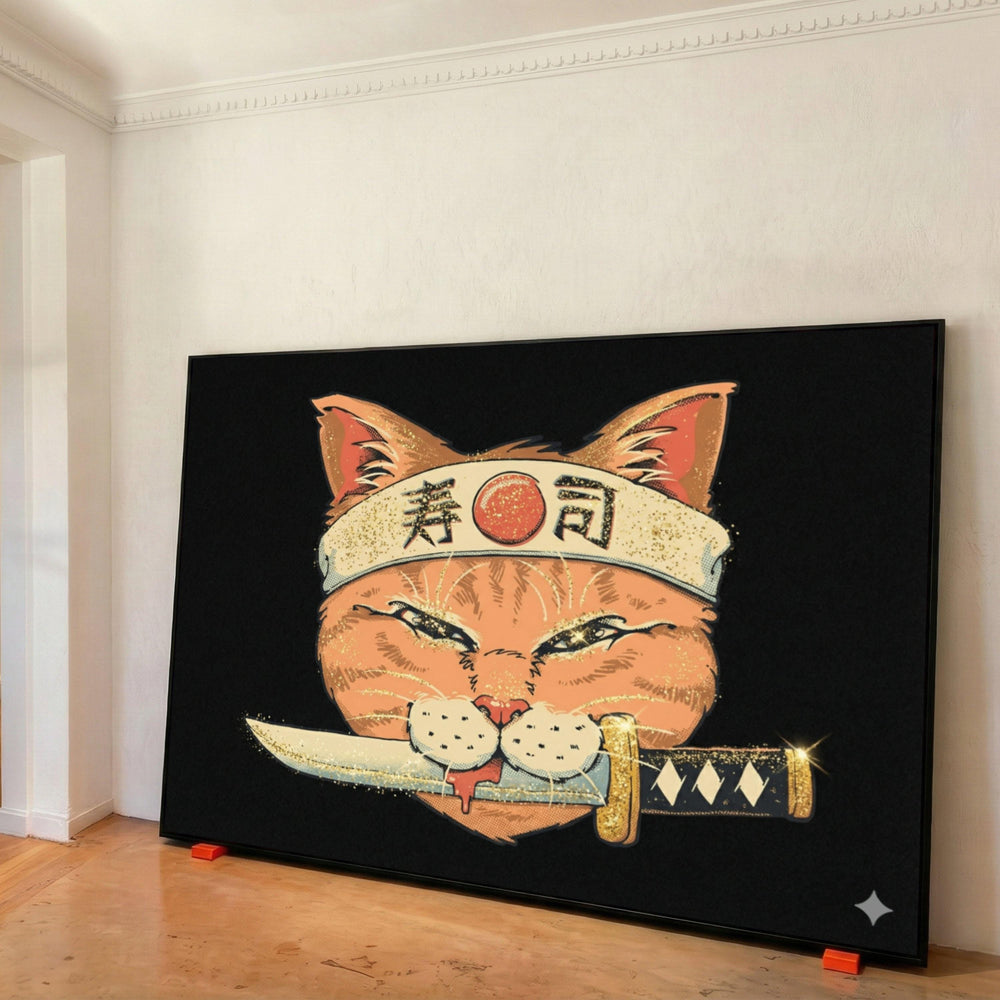 Samurai Cat Canvas, Japanese Warrior, Anime Style Wall Art