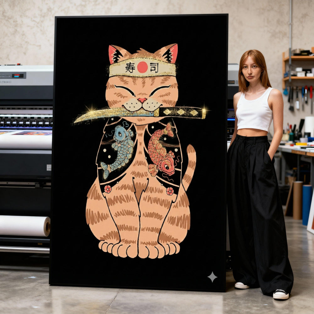 Samurai Cat Canvas Art, Koi Fish Tattoo, Japanese Home Decor