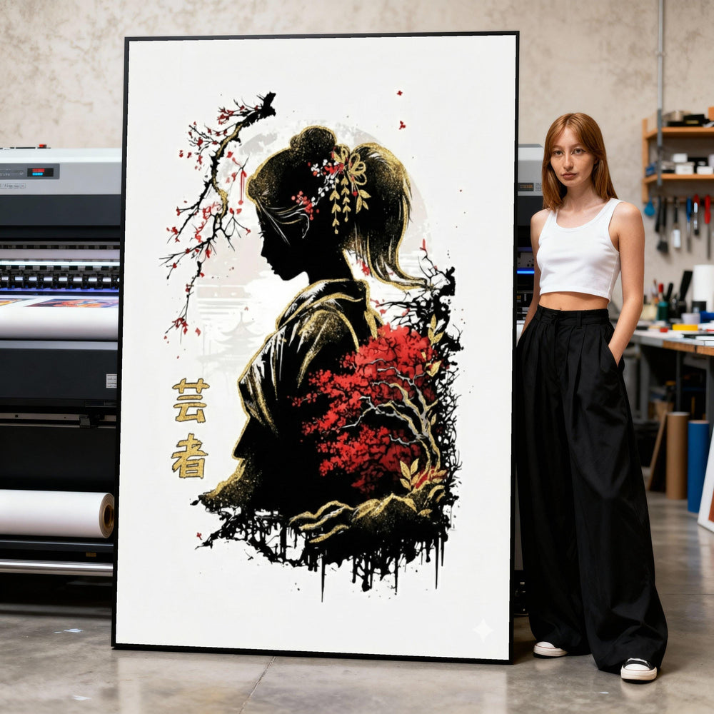 Geisha Silhouette Canvas Print, Red Sakura Tree, Oriental Decor