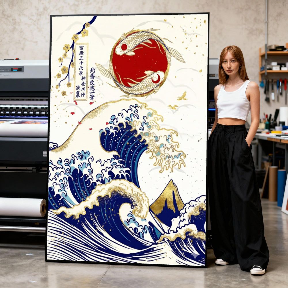 Japanese Wave Canvas, Ukiyo-e Koi Fish Art, Gold Accent Ocean Print