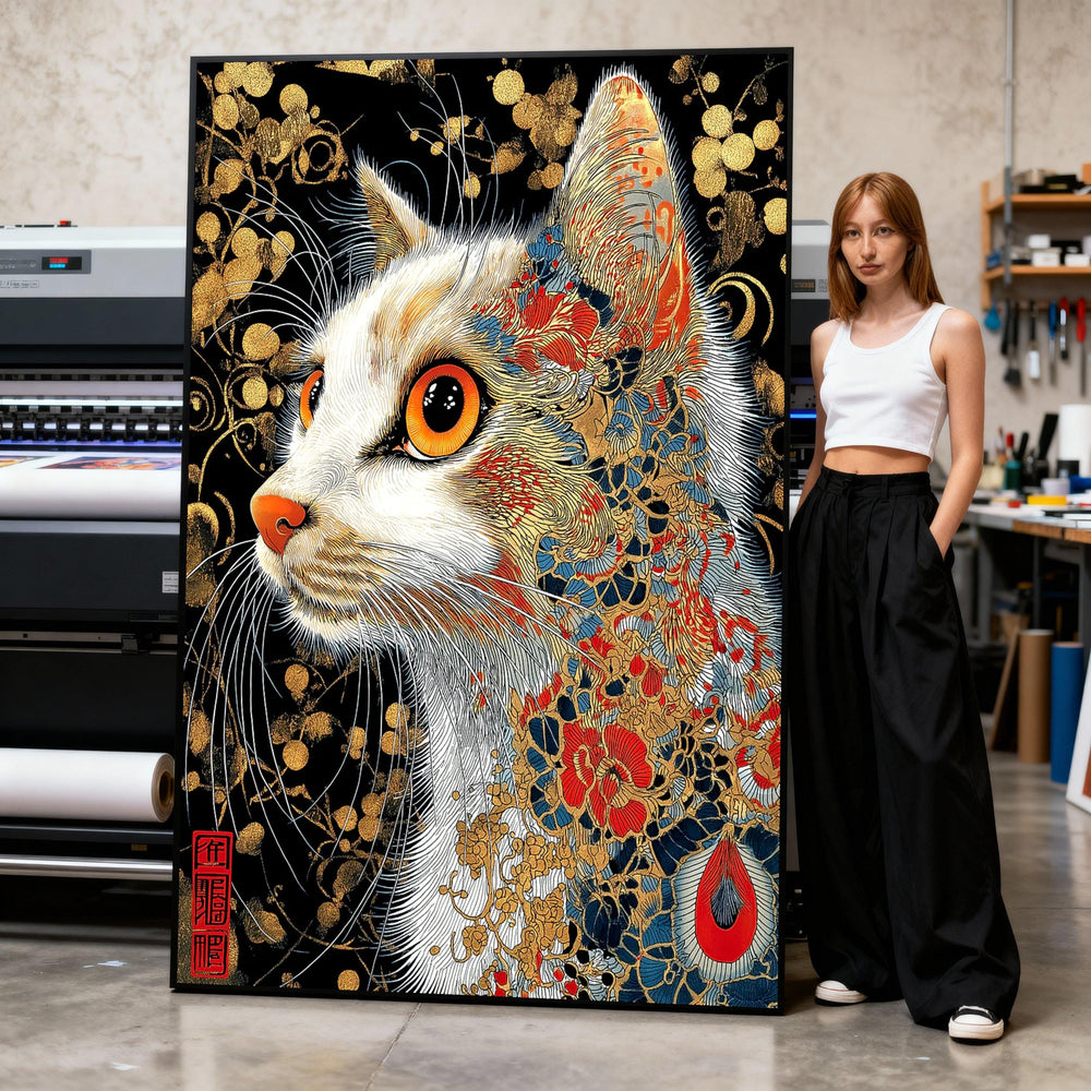 Japanese Floral Cat Portrait Canvas Wall Art, Gold Accent Illustration