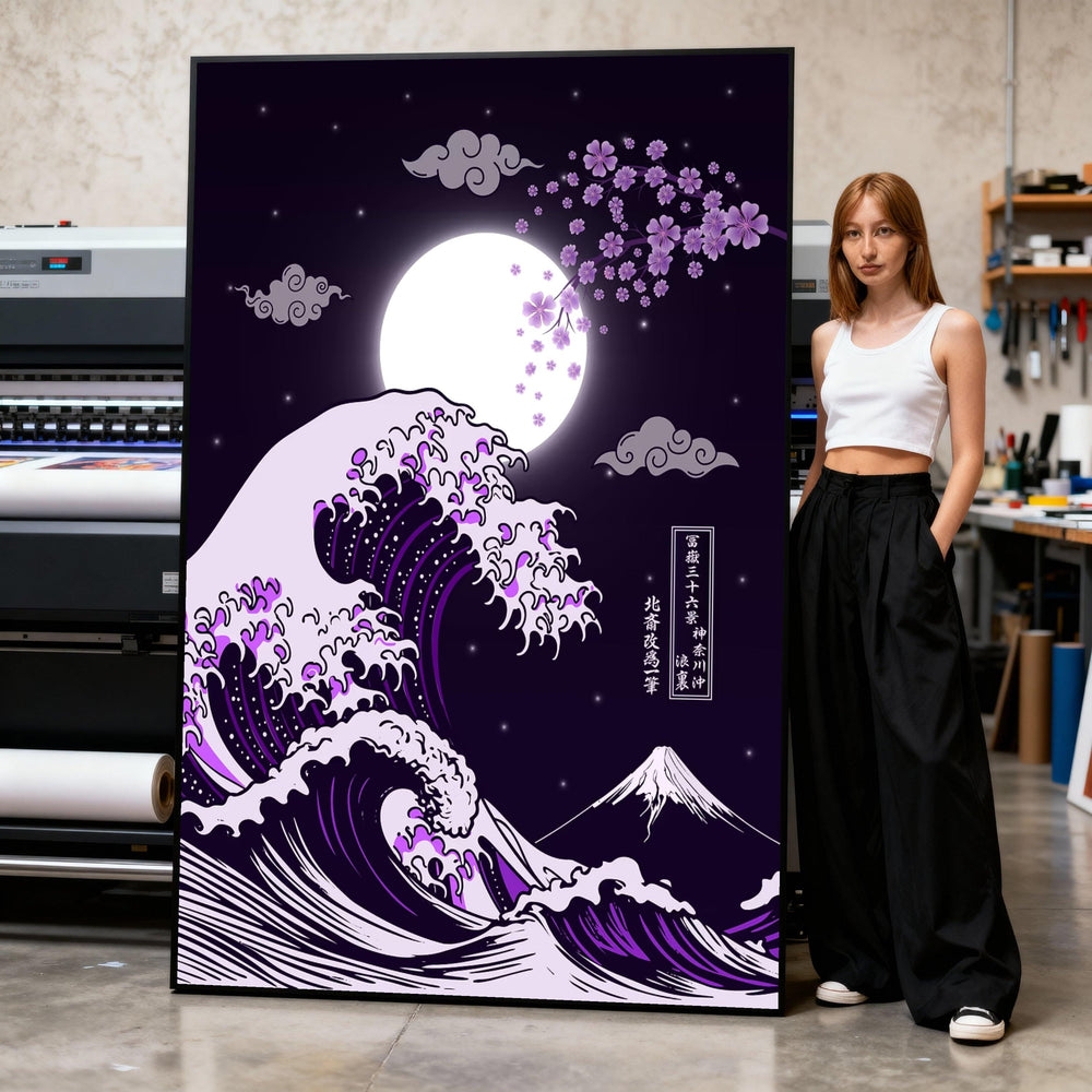 Japanese Great Wave Canvas, Purple Hokusai Style Wall Art, Full Moon Cherry Blossoms Canvas, Mount Fuji Night Landscape, Print Art