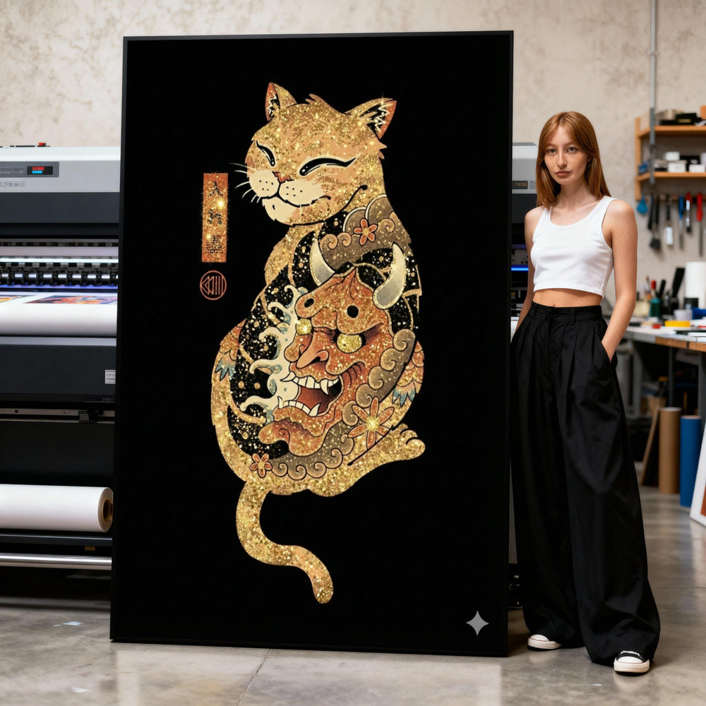 Glittering Lucky Cat Canvas Art, Oni Mask Tattoo, Asian Decor
