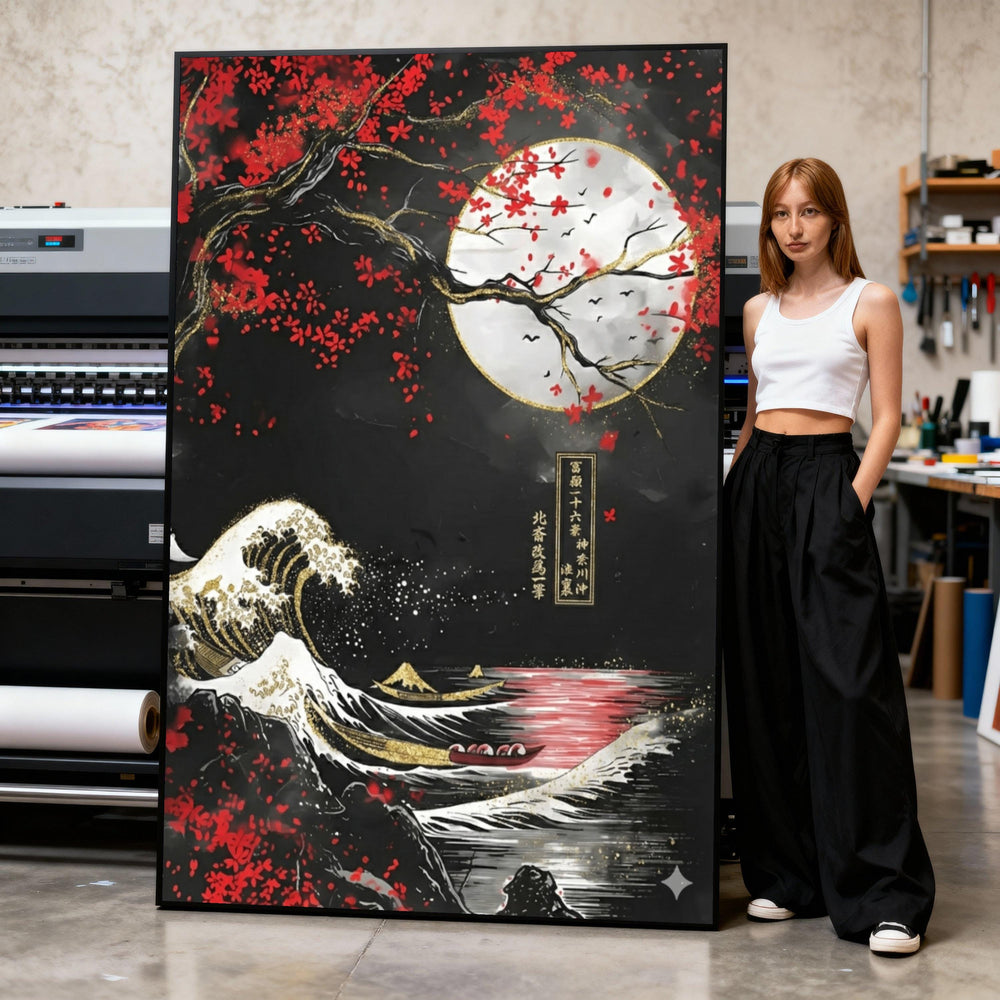 Japanese Wave Canvas Print, Cherry Blossom Moon, Asian Art