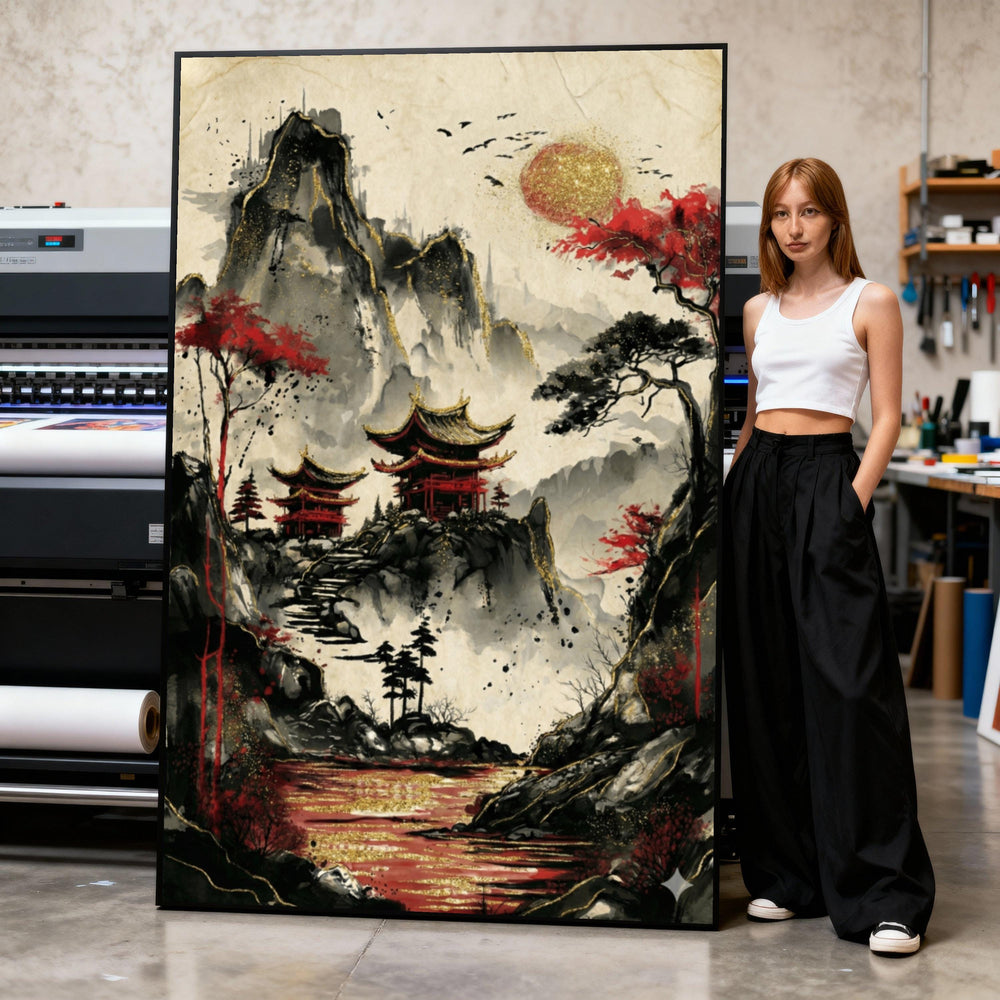 Asian Temple Canvas Print, Red Autumn Landscape, Gold Accents