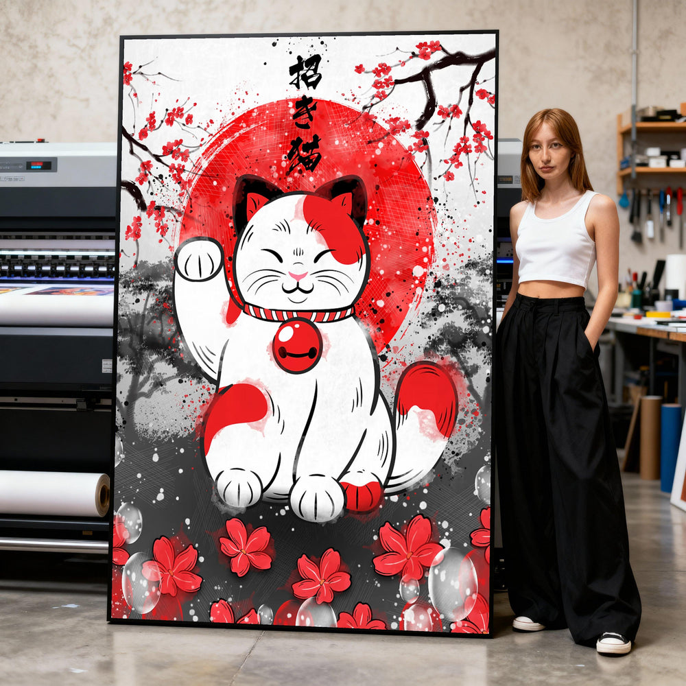 Lucky Cat Canvas Print, Japanese Maneki Neko Art, Sakura Decor