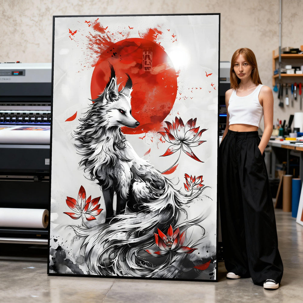 Mystical Fox Canvas Print, Red Sun, Japanese Style Art