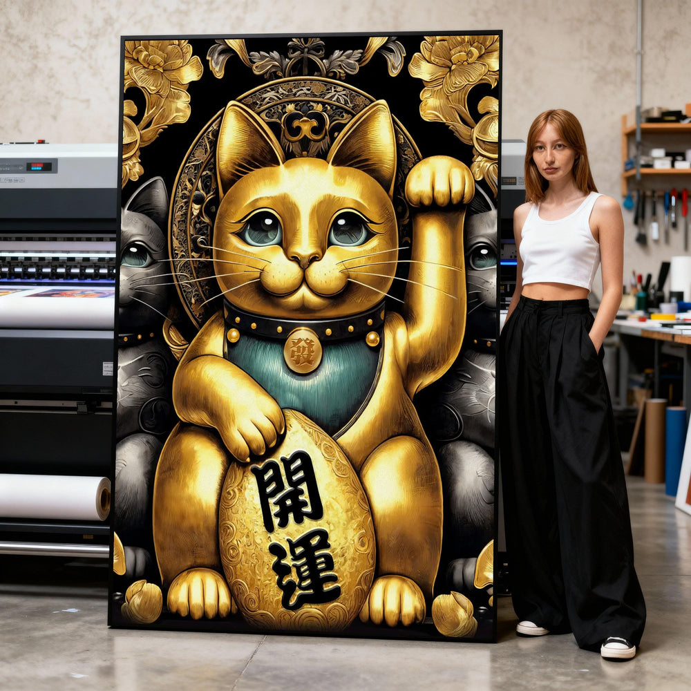 Golden Maneki Neko Canvas, Lucky Cat Feng Shui Art