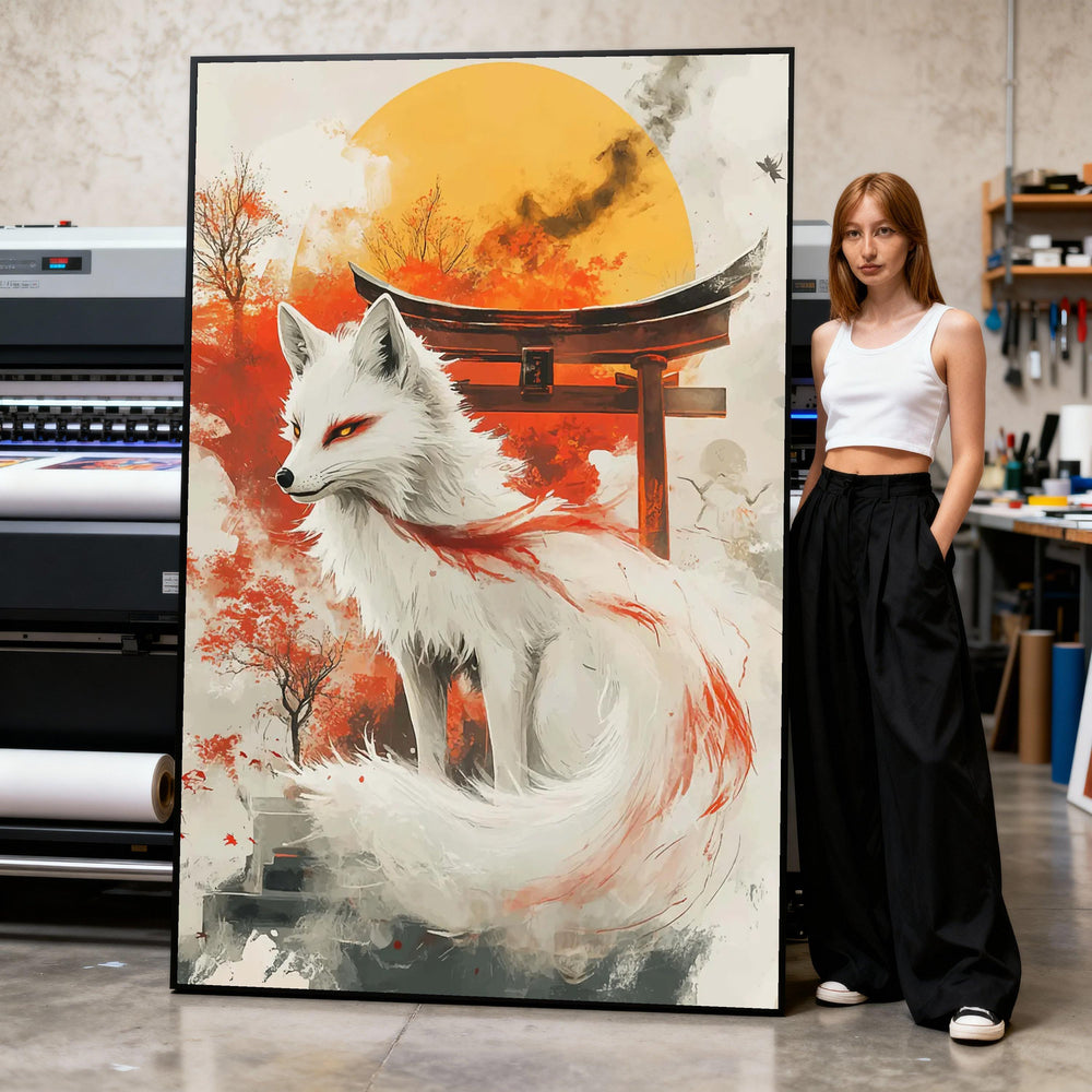 Mystical White Fox Canvas Print, Japanese Torii Gate, Autumn Landscape