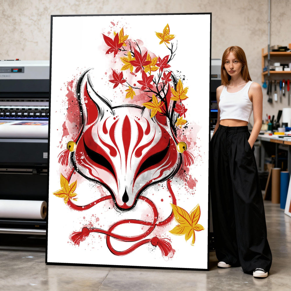Japanese Kitsune Fox Mask Canvas Print, Autumn Maple Leaves Wall Art