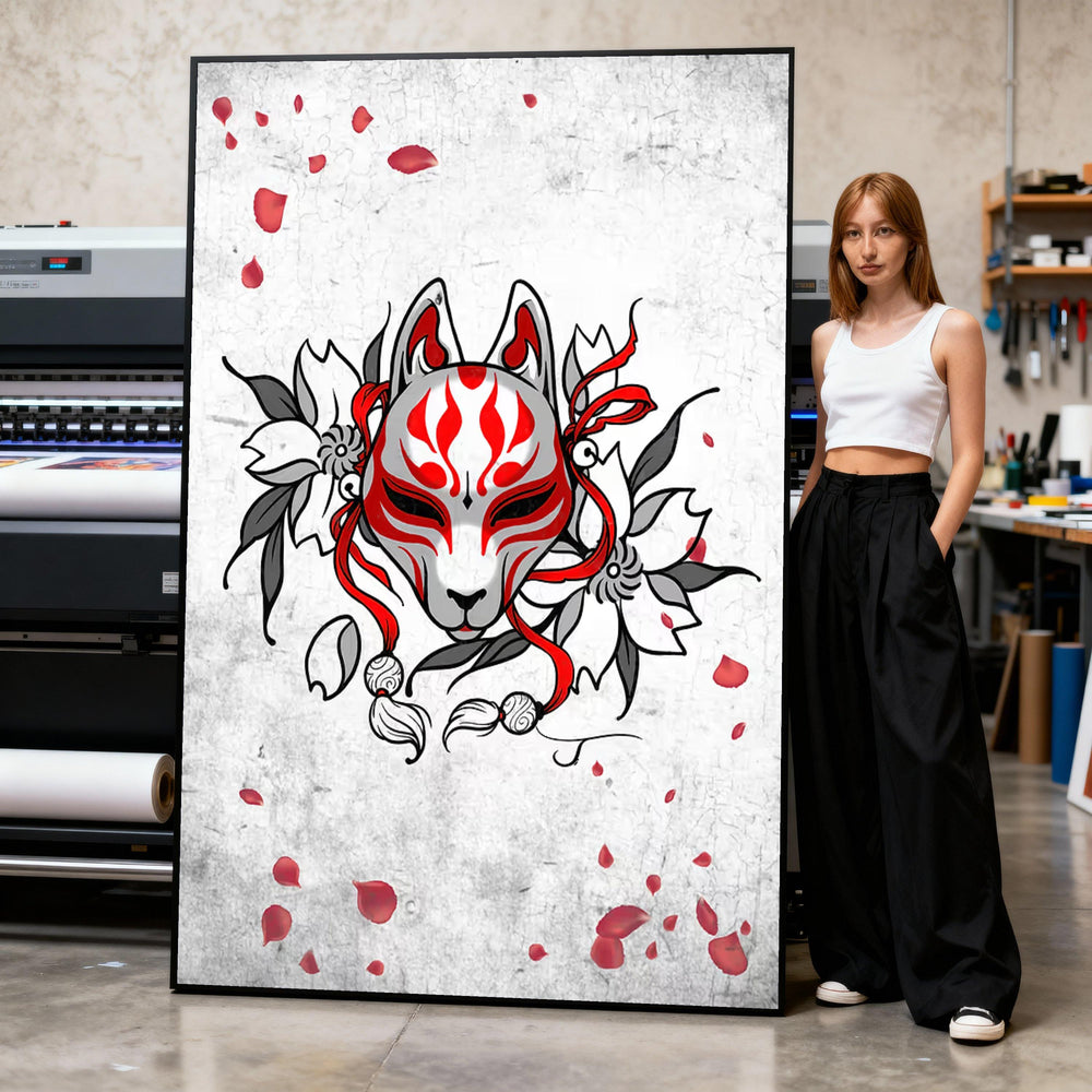 Kitsune Mask Canvas Print, Japanese Floral Design, Asian Decor