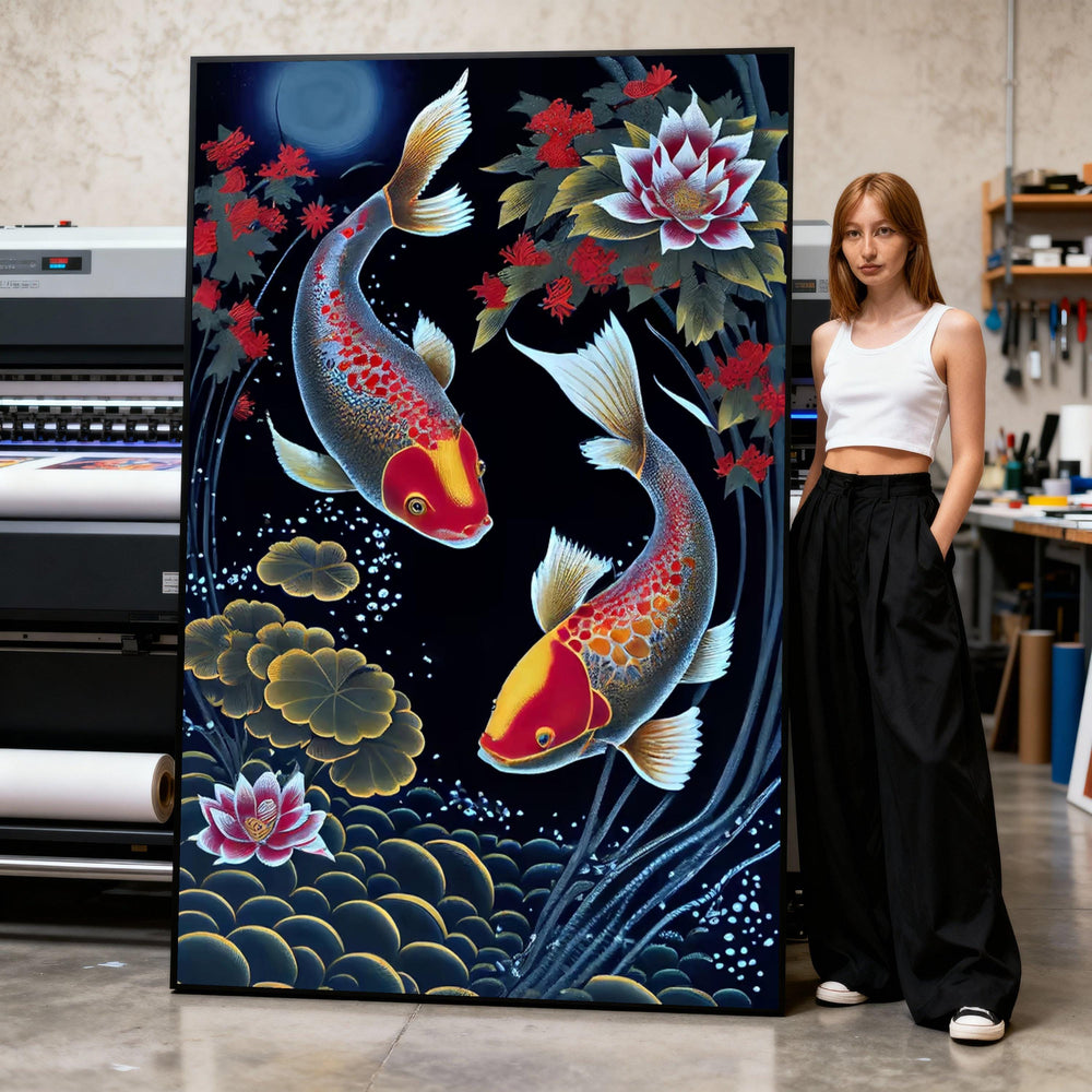 Vibrant Koi Fish Canvas Art, Lotus Pond, Asian Decor