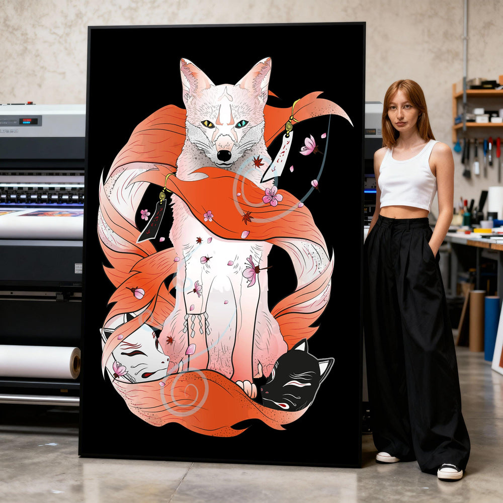 Mystical Fox Spirit Canvas Art, Japanese Kitsune, Floral Illustration