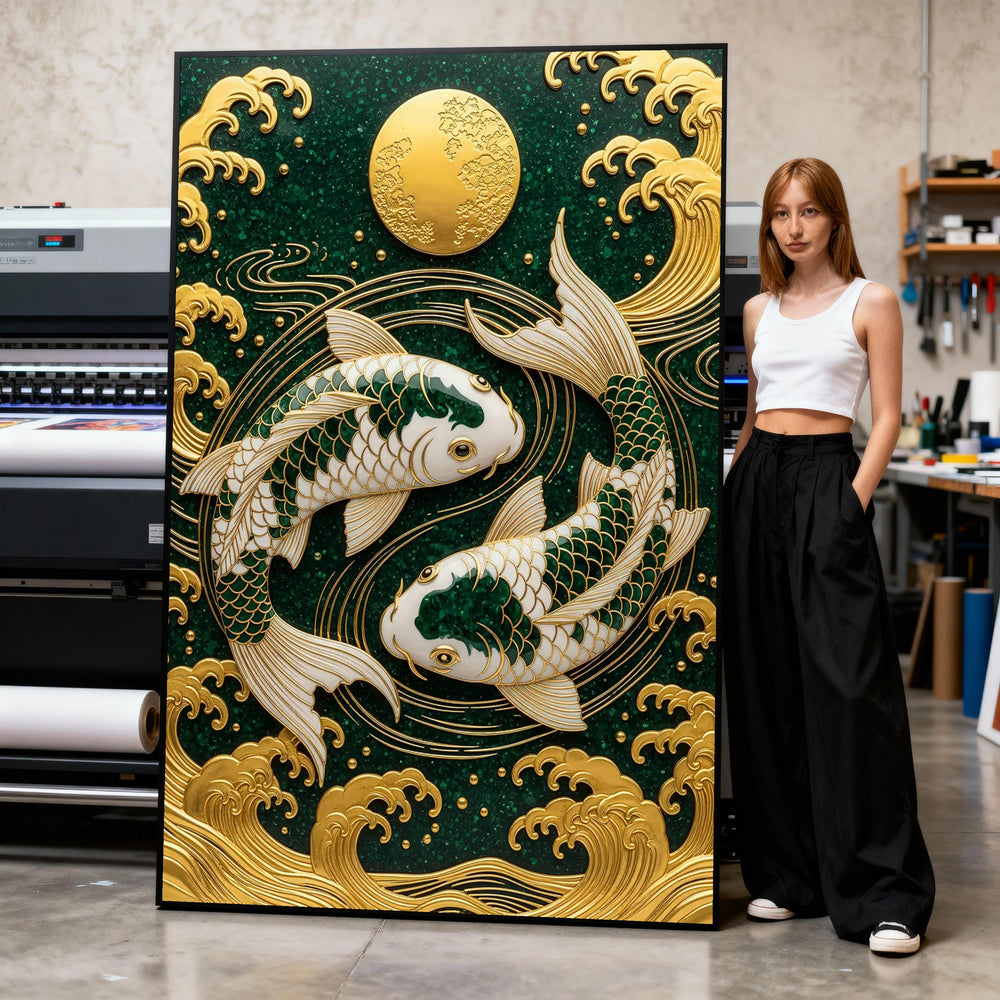 Elegant Koi Fish Canvas Wall Art, Gold & Green Asian Design