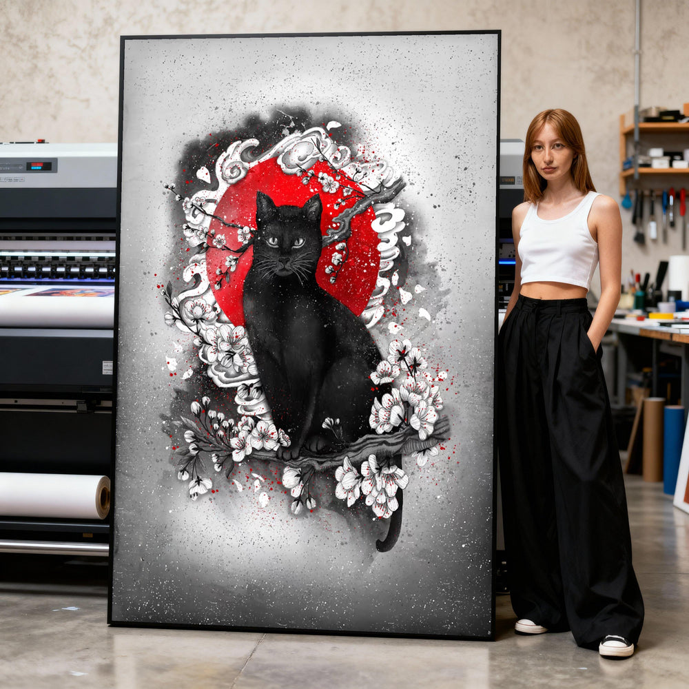 Black Cat Cherry Blossom Canvas Print, Japanese Red Sun Asian Art