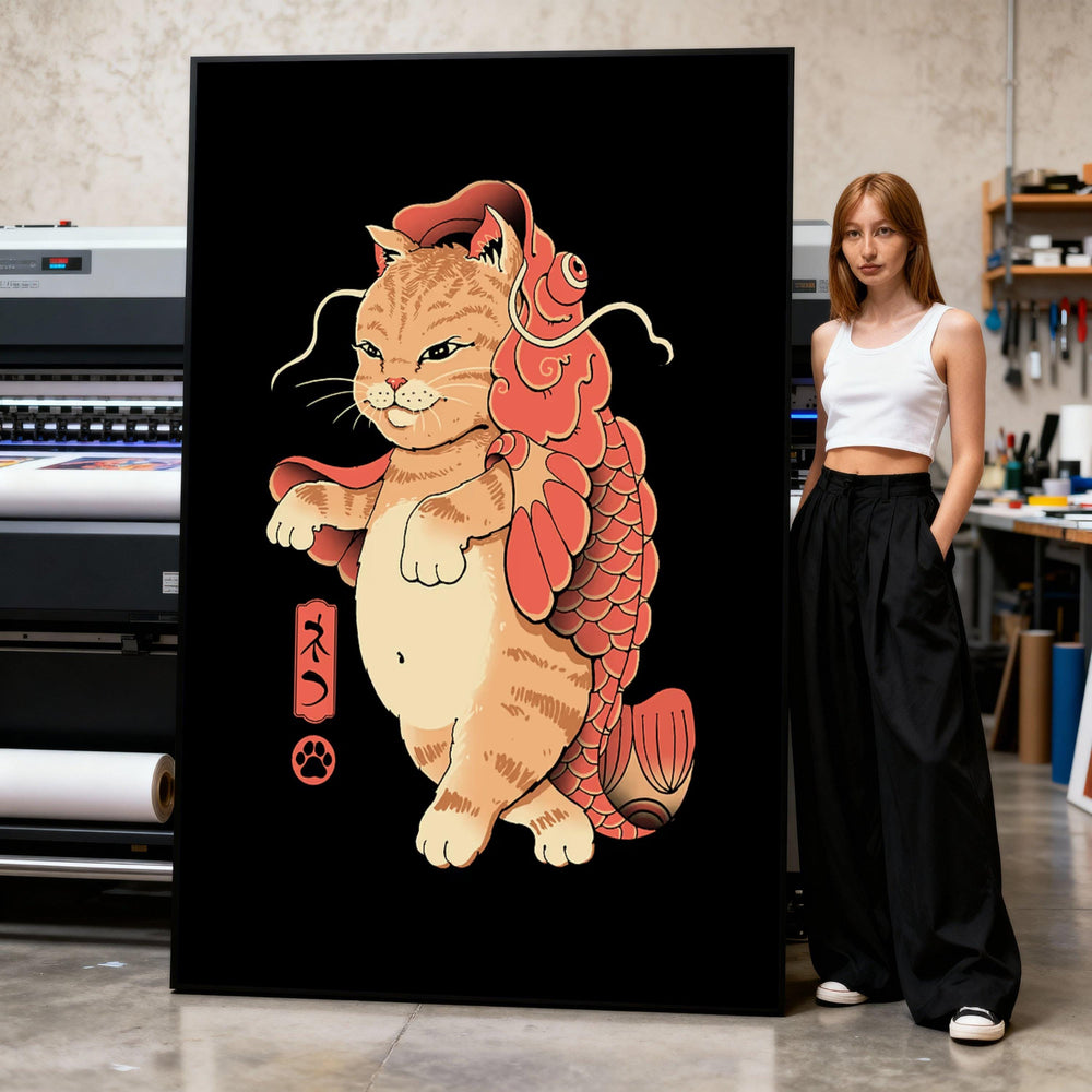 Koi Fish Cat Fusion Art, Japanese Surreal Illustration, Ready to Hang Canvas Print