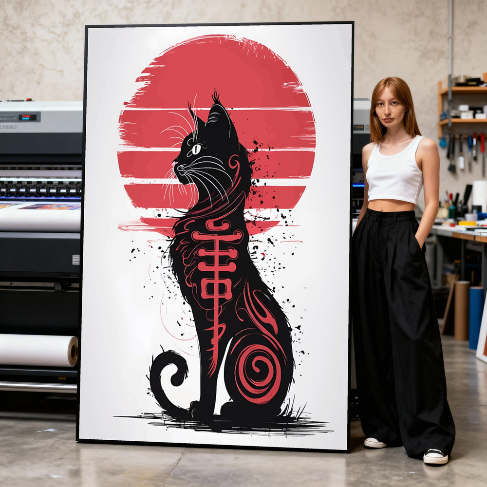Black Cat Silhouette Canvas Print, Tribal Tattoo Art, Red Sun