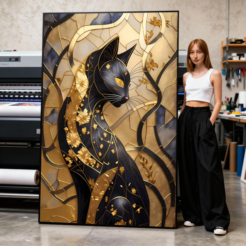 Black Cat Canvas Print, Gold Floral Art, Modern Abstract Wall Decor