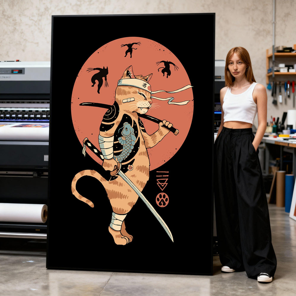 Samurai Cat Canvas Print, Japanese Warrior Illustration, Anime Art