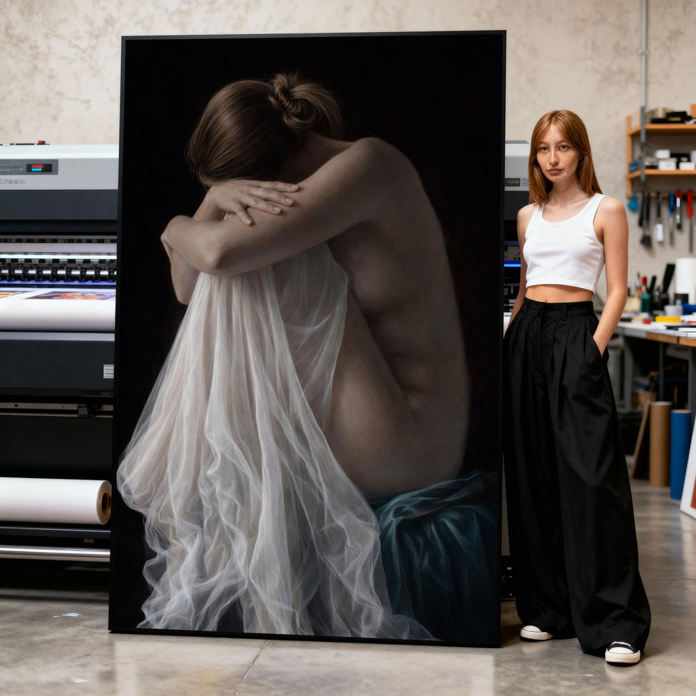 Elegant Nude Woman with Sheer Fabric, Intimate Fine Art Canvas, Soft Light Portrait, Sensual Wall Art, Contemporary Home Decor Print Art