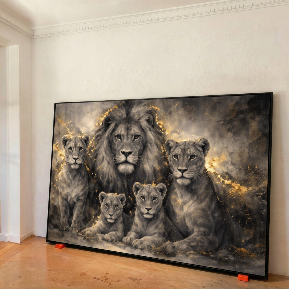 Majestic Lion Family Portrait Canvas, Wildlife Wall Art, Safari Animal Decor, Golden Abstract Background, Fierce Lioness and Cubs Print Art