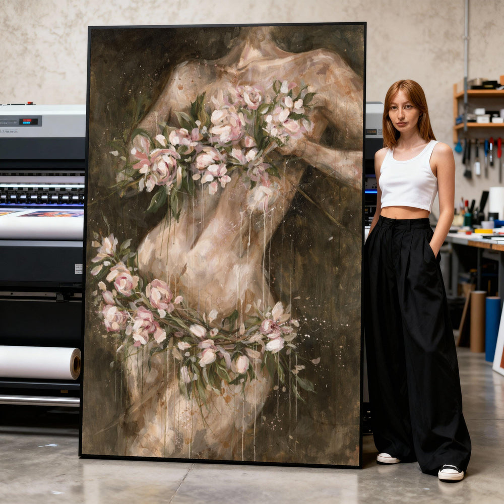 Elegant Nude Figure Holding Roses Canvas, Floral Body Art Painting, Romantic Wall Decor, Feminine Canvas Wall Art, Artistic Home Print Art