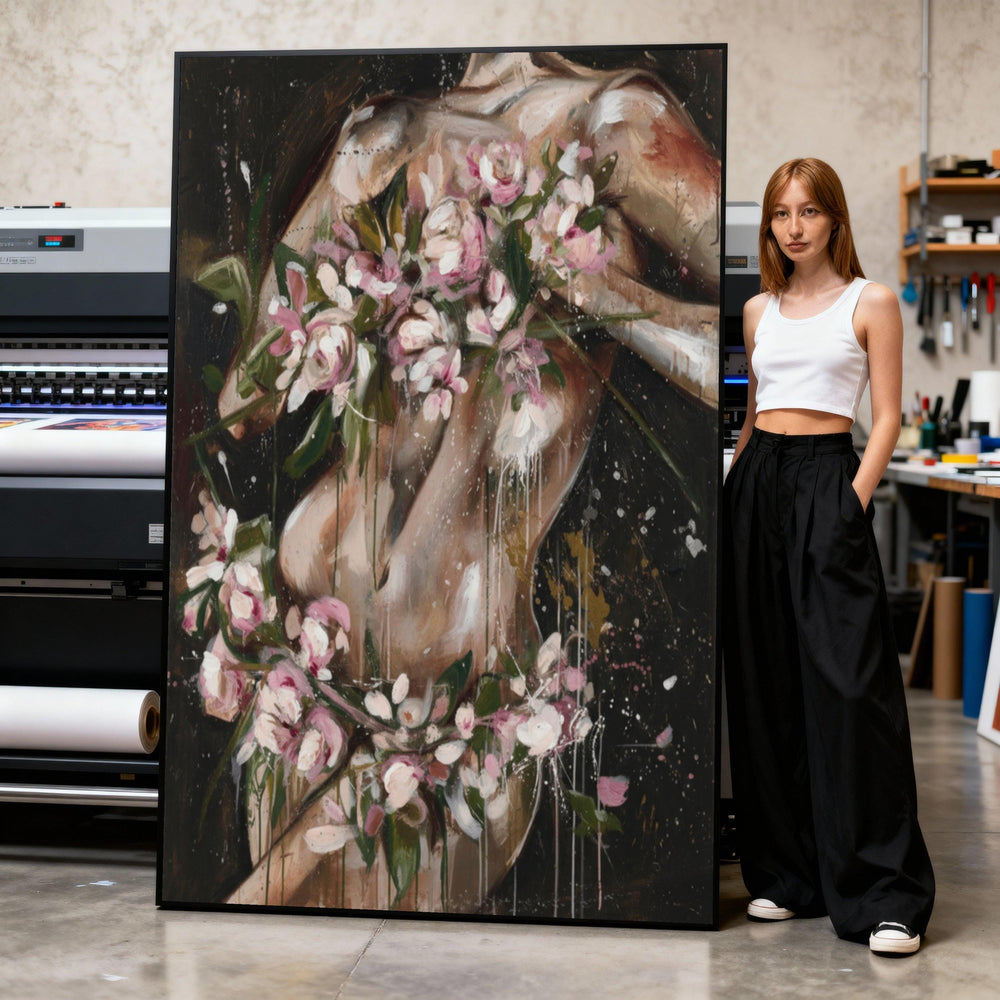 Nude Back with Floral Garland Canvas, Romantic Female Figure Painting, Pink Blossoms Wall Art, Abstract Portrait Canvas, Home Print Art