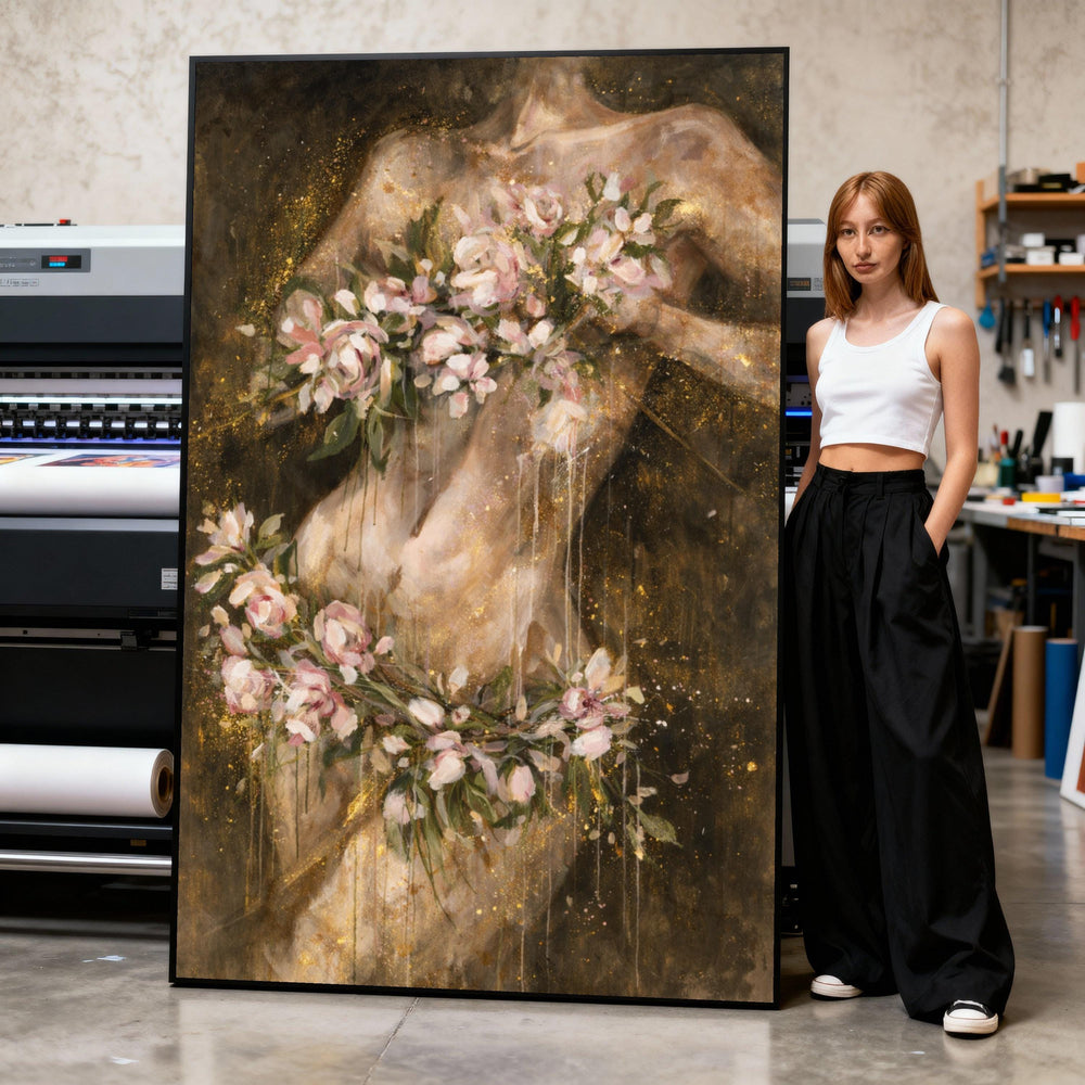 Ethereal Nude with Floral Garland Canvas, Elegant Body Art Painting, Romantic Flower Decor, Feminine Wall Art, Contemporary Canvas Print Art