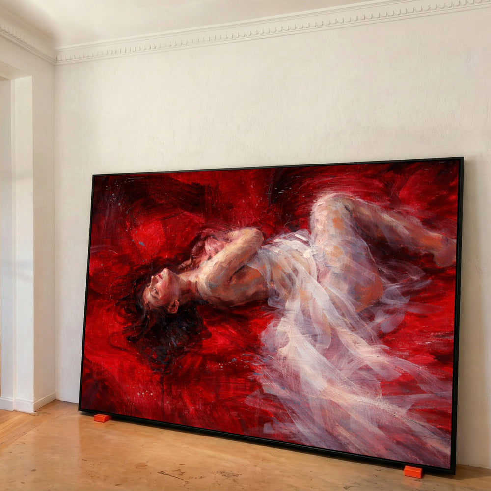 Sensual Woman Reclining on Red Canvas, Abstract Figurative Art, Romantic Home Decor, Modern Impressionist Wall Art, Bedroom Canvas Print Art