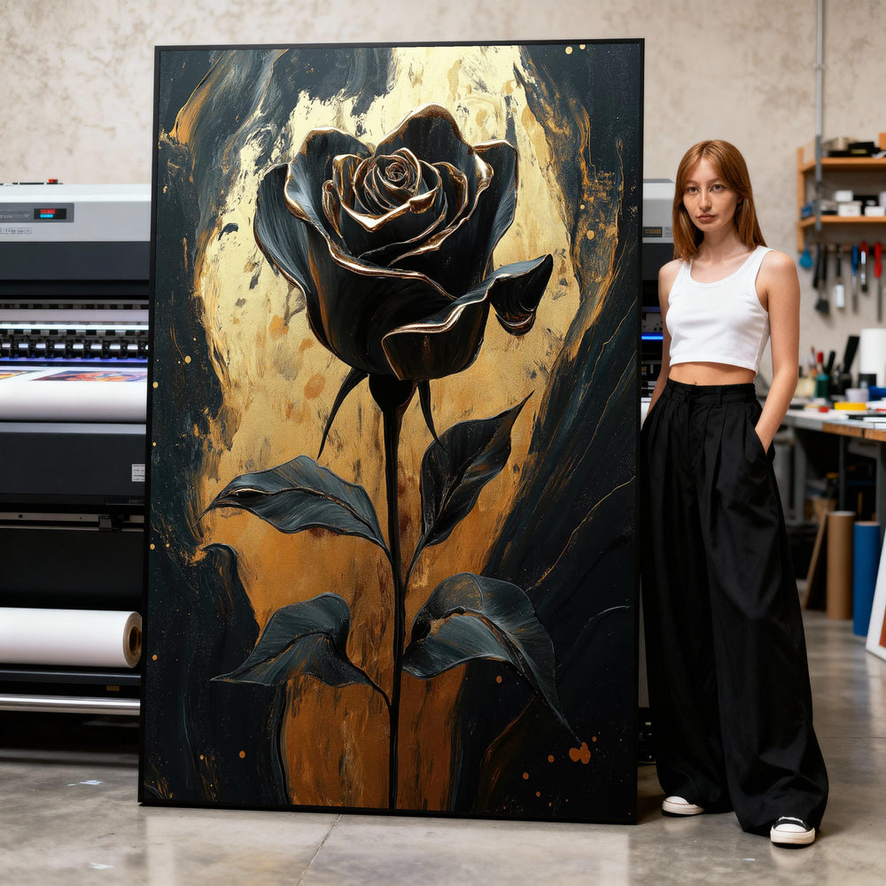 Elegant Black Rose Canvas Wall Art, Gold Accent Floral Painting, Modern Botanical Decor, Luxury Flower Canvas, Contemporary Home Print Art